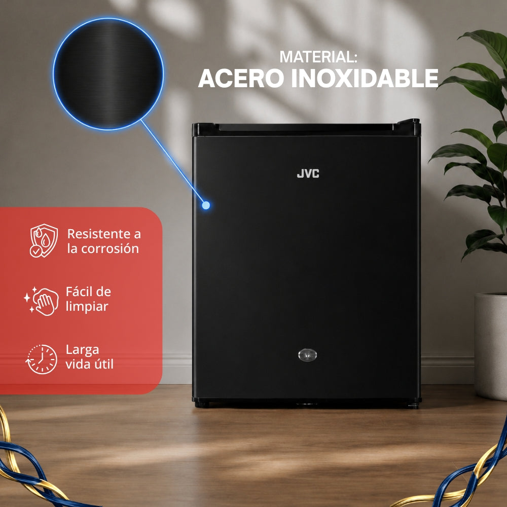 JVC Refrigerador Compacto 1.7 Pies 48 Litros Congelador Interno Control Mecánico de Temperatura Puerta Reversible Cerradura con Llave Acero Inoxidable Modelo JCR1748LHB