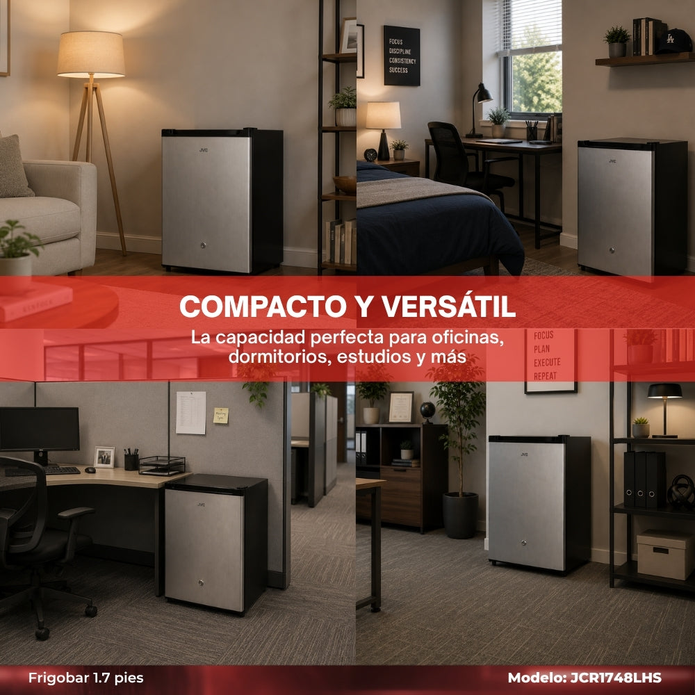 JVC Refrigerador Compacto 1.7 Pies 48 Litros Congelador Interno Control Mecánico de Temperatura Puerta Reversible Cerradura con Llave Acero Inoxidable Modelo JCR1748LHS