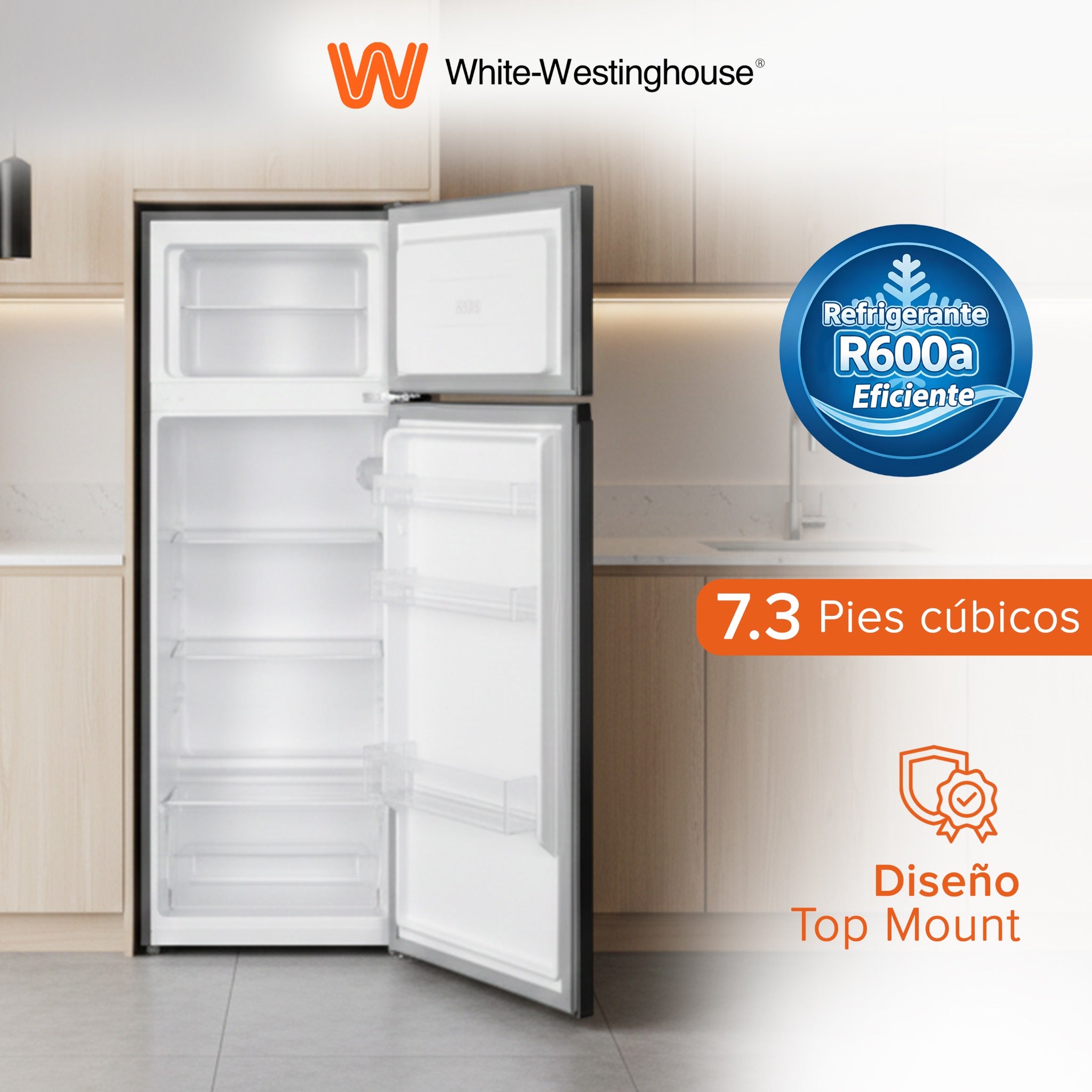 JVC Refrigerador Top Mount 7.3 Pies 206 Litros Despachador de Agua Congelador Superior Defrost Control Mecánico de Temperatura Charolas de Cristal Templado Acero Modelo JCR20673THS