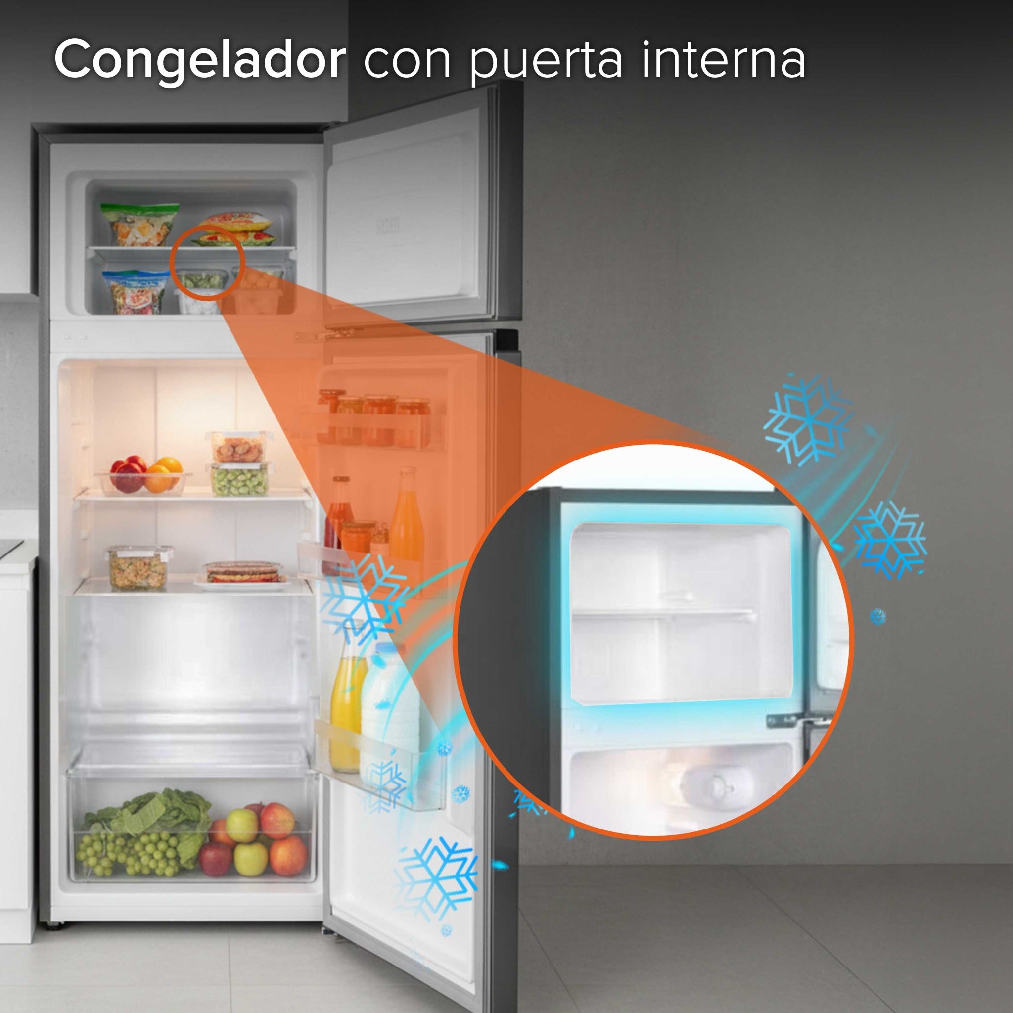 JVC Refrigerador Top Mount 7.3 Pies 206 Litros Despachador de Agua Congelador Superior Defrost Control Mecánico de Temperatura Charolas de Cristal Templado Acero Modelo JCR20673THS