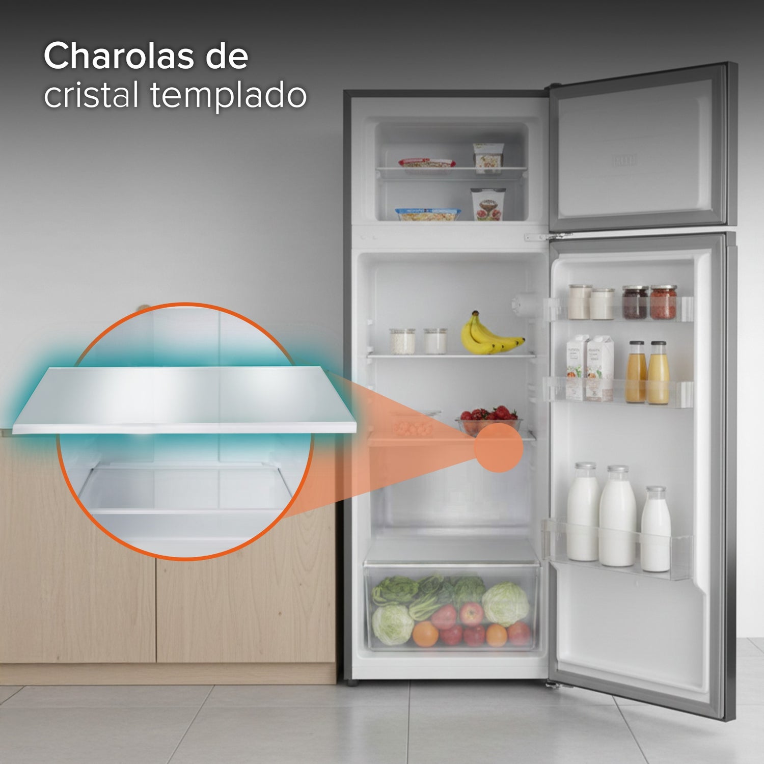 JVC Refrigerador Top Mount 7.3 Pies 206 Litros Despachador de Agua Congelador Superior Defrost Control Mecánico de Temperatura Charolas de Cristal Templado Acero Modelo JCR20673THS