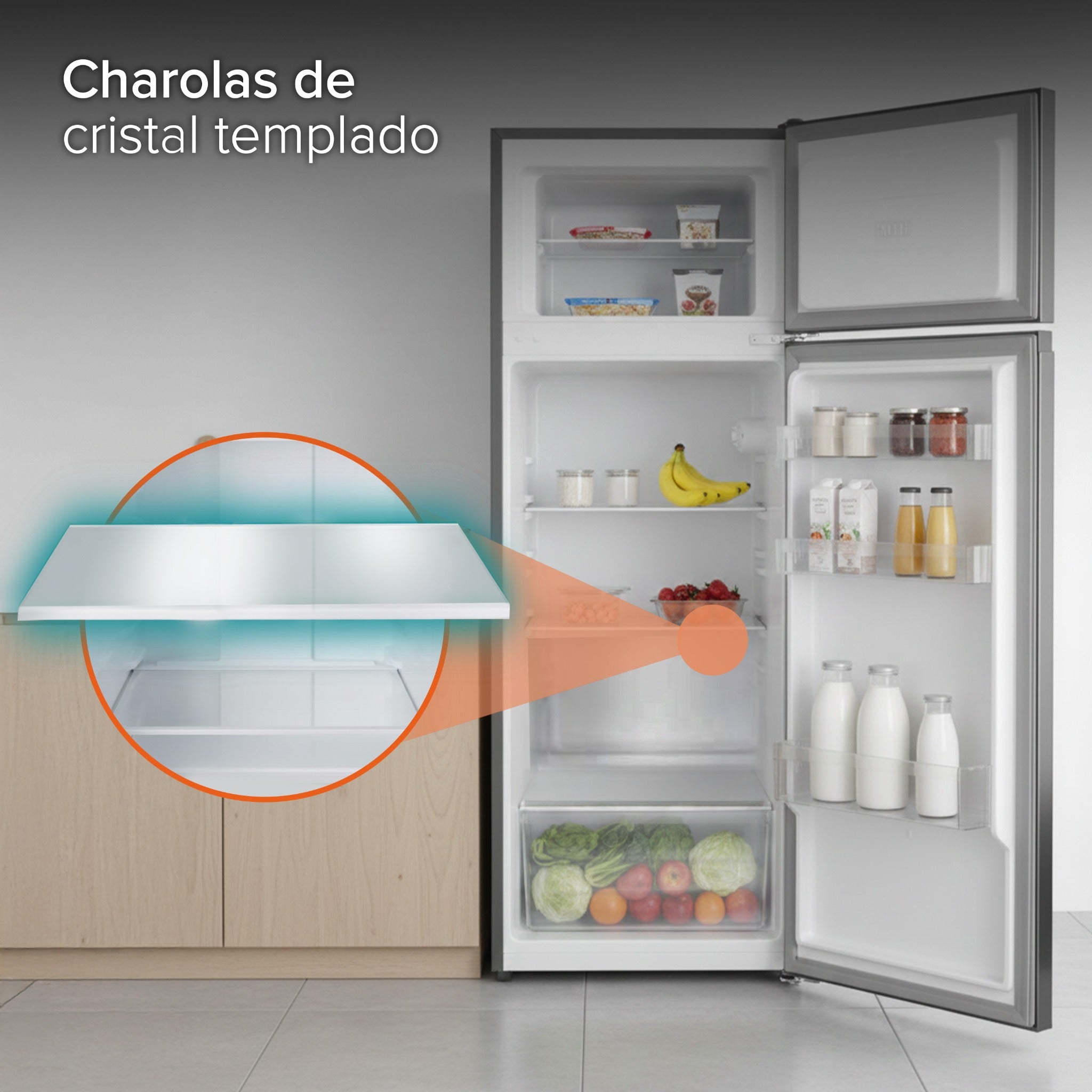 JVC Refrigerador Top Mount 7.3 Pies 206 Litros Despachador de Agua Congelador Superior Defrost Control Mecánico de Temperatura Charolas de Cristal Templado Acero Modelo JCR20673THS